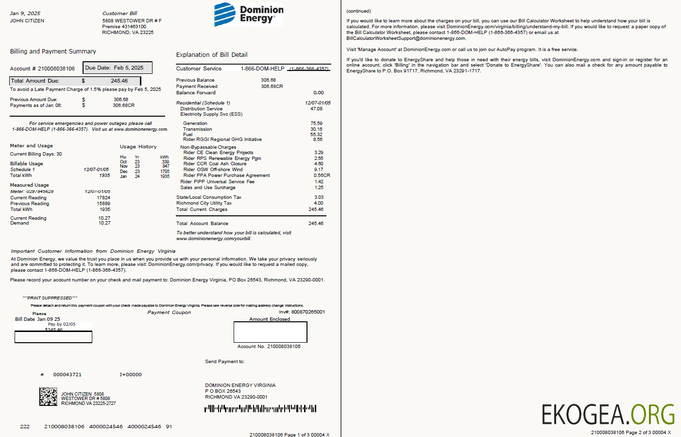 USA Dominion Energy utility bill template in Word and PDF formats, 3 pages, 1 2 pages